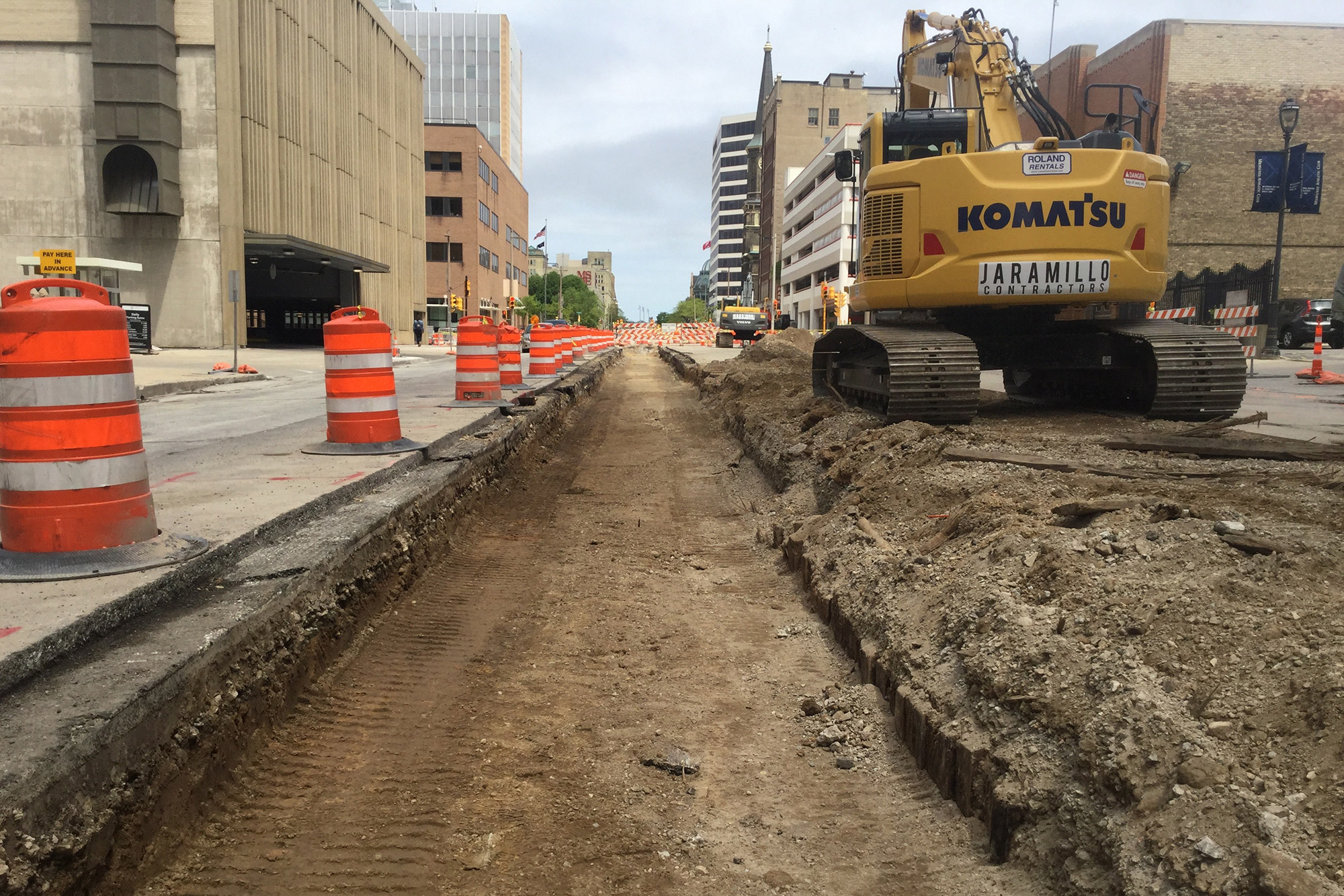 Large Komatsu excavator near downtown Milwaukee